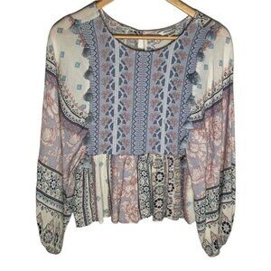American Eagle XS Boho Floral Patchwork Peasant Blouse Long Sleeve